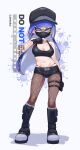  1girl baseball_cap black_boots black_gloves black_hat black_mask black_shorts black_sports_bra blue_eyes blue_hair boots breasts brown_pantyhose cleavage commentary covered_mouth fingerless_gloves fishnet_pantyhose fishnets full_body gloves hand_up hat highres inkling inkling_girl inkling_player_character jinkoika knee_boots lace-up_boots large_breasts long_hair mask midriff mouth_mask navel panty_straps pantyhose pantyhose_under_shorts pointy_ears pouch shorts skindentation socks solo splatoon_(series) sports_bra standing symbol-only_commentary tentacle_hair thigh_pouch thigh_strap white_socks 