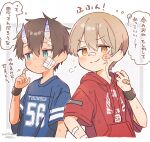  2boys aqua_eyes arm_up bandaid bandaid_on_face bandaid_on_hand bandaid_on_nose blue_shirt closed_mouth cropped_torso dai_(far_tarooo) dated dot_mouth dot_nose double-parted_bangs drawstring facial_mark far_tarooo hair_between_eyes highres hood hood_down hoodie horizontal-striped_sleeves horns jitome looking_to_the_side male_focus motion_lines multiple_boys orange_eyes original print_hoodie print_shirt puff_of_air red_hoodie rotto_(far_tarooo) scratching_cheek shirt short_sleeves sparkle speech_bubble striped_clothes striped_sleeves t-shirt thought_bubble translation_request white_horns wristband 