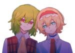  2girls alice_margatroid ascot blonde_hair blue_dress blue_eyes bright_pupils capelet closed_mouth dress expressionless green_hair hair_between_eyes hairband highres kazami_yuuka lolita_hairband looking_at_viewer medium_hair multiple_girls plaid_clothes plaid_vest red_ascot red_eyes red_vest shirt smile touhou upper_body vest white_background white_capelet white_pupils white_shirt yellow_ascot yimudesu 