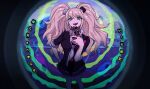  1girl bear_hair_ornament black_shirt blonde_hair blue_eyes breasts building commentary danganronpa:_trigger_happy_havoc danganronpa_(series) enoshima_junko eyelashes fisheye hair_ornament highres holding long_hair monitoring_(vocaloid) monokuma necktie no_symbol open_mouth pov_peephole shirt short_sleeves smile solo sumi_ringo symbol-only_commentary translation_request twintails two-tone_necktie 