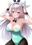  1girl animal_ears black_hairband black_wrist_cuffs blue_eyes blush breasts brown_pantyhose bunny_day cleavage commentary_request covered_navel firefly_(honkai:_star_rail) green_leotard green_pupils grey_hair hair_between_eyes hair_intakes hair_ornament hairband honkai:_star_rail honkai_(series) large_breasts leotard long_hair nyarumi open_mouth pantyhose rabbit_ears simple_background solo white_background wrist_cuffs 