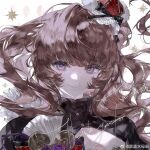  1girl absurdres black_bow blunt_bangs bow breasts cleavage cleavage_cutout closed_mouth clothing_cutout crown floating_hair gem hair_bow hair_ornament heilanshuimuchu highres long_hair looking_at_viewer mini_crown original pearl_(gemstone) purple_eyes red_crown red_hair simple_background smile solo star_(symbol) upper_body very_long_hair white_background 