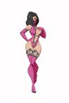  black_hair boots breasts caleb_groves cleavage fingerless_gloves gloves highres large_breasts leotard mileena_(mortal_kombat) mortal_kombat_(series) mortal_kombat_9 pink_boots pink_gloves pink_leotard pink_mask thigh_boots thigh_gap white_background 