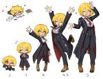  +_+ 1girl :d arm_up arms_up black_coat black_pants blonde_hair blush boots breasts brown_boots chibi chibi_inset closed_eyes coat collared_shirt don_quixote_(project_moon) double-parted_bangs falling_star hair_between_eyes hand_up high-waist_pants highres large_breasts limbus_company long_sleeves looking_at_viewer necktie notice_lines one_eye_closed open_clothes open_coat open_mouth pants progression project_moon red_necktie ro/ku shirt short_hair simple_background smile standing star_(symbol) w white_background white_shirt yellow_eyes 