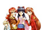  1boy 3girls anniversary black_hair blonde_hair blue_eyes brown_eyes brown_hair collar cowboy_western cross dress erica_fontaine finger_counting freckles gemini_sunrise gloves hair_ribbon hat hugo_juliard index_finger_raised jacket japanese_clothes jewelry juliet_sleeves kanakoz kimono latin_cross long_hair long_sleeves looking_at_viewer multiple_girls necklace number-shaped_hands orange_jacket orange_skirt pink_kimono ponytail puffy_sleeves red_dress red_gloves red_hair red_ribbon red_skirt ribbon sakura_taisen sakura_taisen:_kanade-gumi sakura_taisen_iii sakura_taisen_v shinguuji_sakura shirt sidelocks skirt smile white_collar white_shirt yellow_shirt 