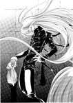  alucard_(hellsing) artist_request decapitation doujinshi gloves greyscale guro hellsing leather long_hair male_focus monochrome non-web_source severed_head solo vampire very_long_hair 
