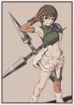  1girl absurdres armor armpits asymmetrical_sleeves breasts brown_eyes brown_hair crop_top cropped_sweater final_fantasy final_fantasy_vii fingerless_gloves fishnet_leggings fishnet_sleeves fishnets forehead_protector gloves green_sweater headband highres holding holding_shuriken holding_weapon materia midriff navel open_fly orange_gloves pauldrons short_hair shorts shoulder_armor shuriken single_pauldron single_shoulder_pad sleeveless sleeveless_turtleneck small_breasts smile sweater turtleneck tyanoki uneven_sleeves weapon yuffie_kisaragi 