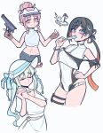  3girls black_hair braid closed_eyes dress fate/grand_order fate_(series) food green_eyes gun habetrot_(fate) hair_between_eyes hat highres holding holding_gun holding_weapon ice_cream ichigo_berry jeunesse_crane_(fate) jeunesse_crane_(first_ascension)_(fate) long_hair looking_at_viewer miss_crane_(fate) morgan_le_fay_(chaldea_public_relations_bureau)_(fate) morgan_le_fay_(fate) multiple_girls pink_eyes pink_hair ponytail short_hair simple_background smile swimsuit very_long_hair weapon white_background white_dress white_hair 
