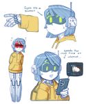  1girl cameron_sewell cat cellphone english_text error_message green_eyes highres holding holding_phone hood hoodie humanoid_robot joulie multiple_views original phone radio_antenna smartphone social_network visor white_background yellow_hoodie 