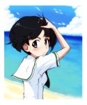  1girl bangs beach black_eyes black_hair black_neckwear blouse blue_sky blunt_bangs bob_cut closed_mouth cloud cloudy_sky commentary_request day from_side frown girls_und_panzer hand_in_hair horizon kayabakoro looking_at_viewer neckerchief ocean ooarai_school_uniform outdoors sailor_collar school_uniform serafuku short_hair short_sleeves sky solo sono_midoriko upper_body white_sailor_collar wind 