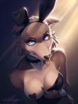  3:4 anthro beastars breasts brown_body brown_fur bunny_costume canid canine canis clothing collar costume cuffs_(clothing) eyelashes female fur gesture hi_res juno_(beastars) light lighting looking_back mammal multicolored_body multicolored_fur nipple_outline pasties presenting purple_eyes ruino4ka slutty_face solo solo_focus suggestive suggestive_gesture taunting teasing tongue tongue_out wolf 