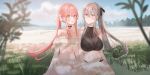  2girls :d ahoge bangs bare_shoulders beach bikini black_bikini black_choker black_ribbon blurry blurry_foreground blush bow breasts brown_eyes chihuri choker cleavage closed_mouth collarbone commentary_request day depth_of_field detached_sleeves eyebrows_visible_through_hair grey_eyes grey_hair hair_between_eyes hair_bow hair_ribbon highres long_hair medium_breasts multiple_girls navel open_mouth original outdoors pink_hair ponytail puffy_short_sleeves puffy_sleeves ribbon sand short_sleeves sitting small_breasts smile striped striped_bow swimsuit vertical-striped_bikini vertical_stripes very_long_hair water white_bikini white_bow white_sleeves yana_(chihuri) yuri zoya_petrovna_vecheslova 