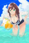  1girl absurdres bangs bikini black_bikini black_shorts blue_sky braid breasts brown_hair cleavage cloud condensation_trail cowboy_shot day dress_shirt green_eyes hair_over_shoulder highres horizon kantai_collection leaning_forward long_hair looking_at_viewer medium_breasts niinoji noshiro_(kantai_collection) ocean outdoors shirt short_shorts shorts sky soaking_feet solo standing swept_bangs swimsuit tied_shirt twin_braids water white_shirt 