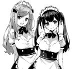  2girls :d apron bow bowtie breasts cleavage closed_mouth collared_shirt commentary double-breasted english_commentary large_breasts long_hair looking_at_viewer maid maid_apron maid_headdress multiple_girls open_mouth original shirt simple_background smile tabata_hisayuki twintails white_background wing_collar 