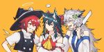 ... 3girls alternate_hairstyle animal_ears arknights bare_shoulders black_hair black_headwear blue_eyes bow cosplay crossed_arms exusiai_(arknights) hair_bow hair_ornament hakurei_reimu hakurei_reimu_(cosplay) halo hand_on_another&#039;s_shoulder hat kirisame_marisa kirisame_marisa_(cosplay) kochiya_sanae kochiya_sanae_(cosplay) lappland_(arknights) looking_at_another multiple_girls orange_background red_bow red_hair scar scar_across_eye spoken_ellipsis texas_(arknights) touhou upper_body vento white_hair witch_hat wolf_ears 