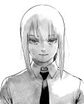  1girl ahn_dongshik bangs black_neckwear braid braided_ponytail business_suit chainsaw_man close-up collared_shirt expressionless formal highres long_hair looking_at_viewer makima_(chainsaw_man) monochrome necktie ringed_eyes shirt solo suit white_background white_shirt 