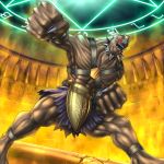  abs armor clenched_hands collar commentary duel_monster facial_mark fingernails forehead_mark glowing glowing_eyes legs_apart malganis-lefay monster muscle open_mouth orichalcos orichalcos_gigas purple_skirt red_eyes skirt solo spiked_collar spikes teeth yuu-gi-ou yuu-gi-ou_duel_monsters 
