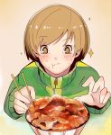  1girl artist_request bowl brown_eyes brown_hair chopsticks eating food highres holding holding_chopsticks jacket number persona persona_4 satonaka_chie short_hair solo 