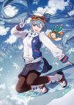  1girl ;d bangs black_skirt blue_eyes blue_hair boots breasts brown_legwear day eyebrows_visible_through_hair fen_renlei gloves goggles goggles_on_head grey_gloves hair_between_eyes hand_up hat hatsune_miku jacket long_hair long_sleeves looking_at_viewer one_eye_closed open_mouth outdoors pantyhose rabbit_yukine ski_goggles skirt small_breasts smile snowboard snowboarding snowflakes twintails v-shaped_eyebrows very_long_hair vocaloid w white_footwear white_headwear white_jacket yuki_miku yuki_miku_(2016) 