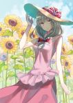  alternate_costume alternate_headwear arm_at_side arm_up bangs bare_arms blue_sky blurry blurry_background breasts cloud commentary_request cowboy_shot day eyebrows_visible_through_hair field flower flower_field front_ponytail green_eyes green_hair hair_ribbon hand_on_headwear hat hat_ribbon highres kagiyama_hina long_hair looking_at_viewer miyakure outdoors partial_commentary pink_shirt red_skirt ribbon shirt skirt sky sleeveless sleeveless_shirt small_breasts smile standing summer sun_hat sunflower touhou 