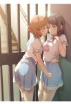  2girls aotsuki_kaoru black_hair blue_eyes blush brown_eyes brown_hair hibike!_euphonium highres kousaka_reina multiple_girls oumae_kumiko pink_neckwear school_uniform serafuku skirt undressing_another yuri 