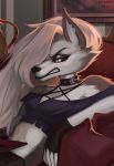  angry anthro canid canid_demon canine canis clothed clothing demon female grey_body hellhound helluva_boss hi_res loona_(vivzmind) mammal peeachtea red_eyes solo white_body wolf 