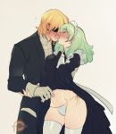  1boy 1girl blonde_hair blush bow butler closed_eyes dimitri_alexandre_blaiddyd eyepatch fire_emblem fire_emblem:_three_houses formal gloves green_hair kiss kukumomo maid maid_headdress md5_mismatch panties simple_background suit thighhighs thighs tuxedo underwear white_gloves white_legwear white_panties wrist_grab 