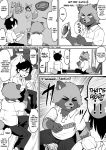  2020 animal_humanoid belly bottomwear canid canid_humanoid canine canine_humanoid clothing comic eating edit english_text eyes_closed food fox_humanoid hard_translated hi_res humanoid kaminosaki mammal mammal_humanoid monochrome pants raccoon_dog shirt sitting slightly_chubby tanuki text topwear translated young 