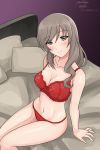  1girl artist_name bangs bed blush bow bow_bra bra breasts brown_eyes brown_hair cleavage closed_mouth commentary dated eyebrows_visible_through_hair girls_und_panzer half-closed_eyes head_tilt jewelry lace lace-trimmed_bra lace-trimmed_panties lingerie looking_at_viewer matsui_yasutsugu navel on_bed panties pillow red_bra red_panties ring shimada_chiyo signature smile solo string_panties underwear underwear_only wedding_band 