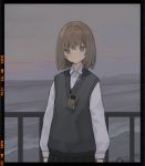 1girl beach brown_hair camera closed_mouth grey_eyes highres lighthouse nitrio original photo photo_(object) railing rock sand short_hair solo standing water 