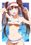  1girl absurdres bikini blue_eyes breasts brown_hair cleavage commentary_request cowboy_shot double_bun highres long_hair looking_at_viewer medium_breasts mei_(pokemon) negimiso1989 pokemon pokemon_(game) pokemon_bw2 side-tie_bikini smile solo striped striped_bikini swimsuit twintails very_long_hair visor_cap 