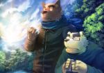  2009 anthro canid canine canis clothing detailed_background domestic_dog duo eyewear glasses humanoid_hands kemono male mammal outside overweight overweight_male polar_bear scarf sweater syukouakanaru topwear ursid ursine 