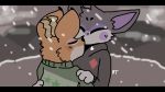  16:9 animal_crossing anthro beau_(animal_crossing) black_bars blu-jayee cervid clothed clothing domestic_cat duo felid feline felis hug kissing letterbox male male/male mammal nintendo punchy_(animal_crossing) snow video_games widescreen winter 