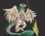  2013 5:4 anthro asian_mythology biceps colored dragon draxial east_asian_mythology eastern_dragon feathered_wings feathers flowamai fur furred_dragon grin hair halo male mane mane_hair muscular muscular_male mythology nude pecs scales smile solo weapon whiskers wings 