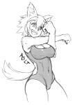  1girl animal_ears breasts character_name claws cleavage cowboy_shot dog_ears dog_tail fang headband kobold looking_at_viewer messy_hair monochrome monster_musume_no_iru_nichijou navel one-piece_swimsuit open_eyes paws polt skin_tight smile stretch swimsuit tail thighs wet_nose whistle_frog 