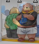  2020 anthro belly black_nose bottomwear brown_body brown_fur canid canine canis clothing domestic_dog fur group kemono male mammal overweight overweight_male pants shirt shorts topwear toshi_(artist) ursid 