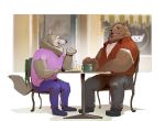  2020 anthro beverage bottomwear brown_body brown_fur canid canine canis chair clothing duo eyes_closed fur furniture hi_res mammal overweight pants pbnjr014 shirt sitting topwear ursid wolf 