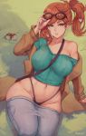  1girl bare_shoulders breasts brown_hair covered_nipples denim grass green_eyes highres jeans large_breasts looking_at_viewer navel nintendo pants pants_pull parted_lips poke_ball poke_ball_(basic) pokemon pokemon_(game) pokemon_swsh shexyo side_ponytail smile solo sonia_(pokemon) sunglasses thighs wide_hips 