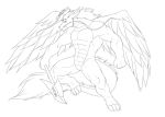  2014 anthro asian_mythology biceps black_and_white dragon draxial east_asian_mythology eastern_dragon feathered_wings feathers fur furred_dragon hair halo horn keeyrow male mane mane_hair monochrome muscular muscular_anthro muscular_male mythology nude pecs scales solo weapon whiskers wings 