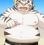  2020 absurd_res anthro belly blush eyewear felid glasses hi_res kemono licho_(tas) male mammal moobs navel nipples outside overweight overweight_anthro overweight_male pantherine solo tiger tokyo_afterschool_summoners video_games yukinari_ism 