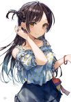  1girl bangs bare_shoulders basket blue_shirt blue_skirt bracelet breasts brown_eyes brown_hair closed_mouth collarbone commentary_request earrings eyebrows_visible_through_hair floral_print hand_up jewelry kanojo_okarishimasu long_hair mizuhara_chizuru off-shoulder_shirt off_shoulder one_side_up parted_bangs print_shirt puffy_short_sleeves puffy_sleeves shirt short_sleeves signature simple_background skirt small_breasts smile solo takenoko_no_you very_long_hair white_background 