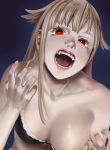  1girl bare_shoulders blonde_hair breasts collarbone fangs hair_flaps highres kantai_collection medium_breasts open_mouth red_eyes solo underwear uyama_hajime veins veiny_breasts yuudachi_(kantai_collection) 