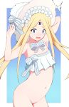  /\/\/\ 1girl abigail_williams_(fate/grand_order) abigail_williams_(swimsuit) absurdres arched_back arms_up bangs bare_arms bare_shoulders bikini bikini_top blonde_hair blue_eyes blush bonnet bottomless bow commentary_request cowboy_shot eyebrows_visible_through_hair fate/grand_order fate_(series) groin highres long_hair mitchi navel open_mouth parted_bangs solo strapless striped striped_bow sweat swimsuit very_long_hair white_bikini white_bow white_headwear 