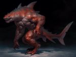  2020 4:3 anthro biceps claws digital_media_(artwork) dragon fish hi_res male marine multicolored_body muscular muscular_anthro muscular_male nude open_mouth red_body scales scalie shark sharp_teeth simple_background solo standing striped_body stripes taran_fiddler teeth 