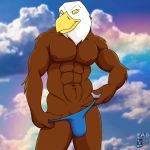  1:1 abs accipitrid accipitriform anthro avian bald_eagle biceps big_muscles biped bird brown_body brown_feathers bulge clothed clothing cloud digital_media_(artwork) eagle eyes_closed fabfelipe feathers hi_res looking_at_viewer male muscular muscular_anthro muscular_male nipples outside panties pecs photo_background pose sea_eagle sky solo standing topless underwear undressing white_body white_feathers 