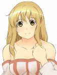 1girl arc_the_lad arc_the_lad_ii bare_shoulders blonde_hair blush breasts brown_eyes closed_mouth dress highres hosshi_(nariagari) lieza long_hair looking_at_viewer simple_background smile solo white_background 