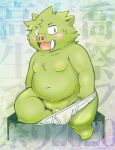  2020 anthro balls belly blush clothing fur genitals green_body green_fur hi_res inusawa kemono male mammal moobs nipples overweight overweight_anthro overweight_male penis solo suid suina sus_(pig) underwear wild_boar young 