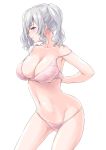  1girl bra breasts cleavage collarbone commentary_request contrapposto cowboy_shot grey_eyes highres kantai_collection kashima_(kantai_collection) large_breasts looking_at_viewer panties parted_lips pink_bra pink_panties profile sidelocks silver_hair simple_background solo standing strap_slip takomeshi tsurime twintails underwear underwear_only undressing wavy_hair white_background 