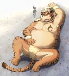  2020 anthro belly bulge clothing felid hi_res hombretigre humanoid_hands japanese_text kemono lying male mammal moobs nipples overweight overweight_anthro overweight_male pantherine solo text tiger tokyo_afterschool_summoners underwear video_games xzk 