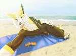  2020 absolutedisaster anthro anthrofied beach_towel boltund canid canine detailed_background fur genitals hi_res lying male mammal nintendo nude one_eye_closed penis penis_tip pok&eacute;mon pok&eacute;mon_(species) smile solo sunscreen tongue tongue_out video_games white_body white_fur wink yellow_body yellow_fur 